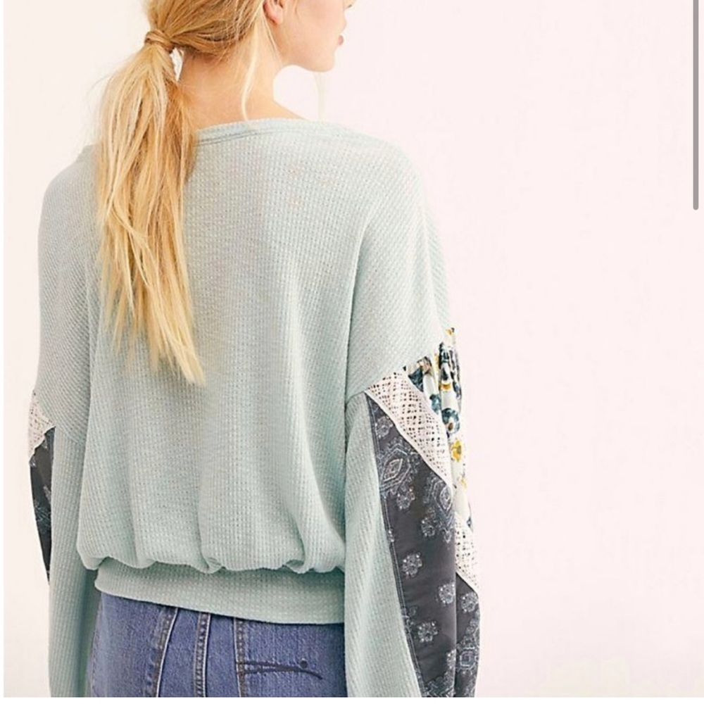 Free People Casual Clash Thermal Knit Tunic Top Mint Green Balloon Sleeve - Picture 4 of 12
